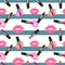 Fashion Seamless cosmetics pattern with lipstick kisses and lipsticks on blue striped background