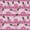 Fashion Seamless cosmetics pattern with lipstick kisses and lipsticks on pink striped background