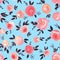 Fashion seamless pattern with beautiful gouache flowers on the blue background.