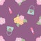 Fashion seamless pattern beauty element, makeup concept cosmetic lipstick, cosmetic bag, flowers.