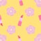 Fashion seamless pattern beauty element, makeup concept cosmetic lipstick, flowers in pink pastel shades on a yellow background.