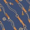 Fashion Seamless Pattern with Golden Chains and Straps. Chain, Braid and jewelry elements Background for Fabric Design