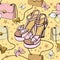 Fashion seamless pattern with high heel shoes, bags, bows