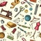 Fashion seamless pattern with pictures of industrial tools for needlework or sewing workshop