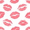 Fashion seamless pattern with printed lips kisses, lips prints wrapping paper. World kiss day, Valentine s day