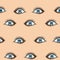 Fashion seamless pattern with woman blue eyes face expressions shine eyes, surprised. Hand drawn vector art