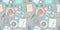 Fashion seamless pattern with women`s accessories, cosmetics, sweets, gadgets