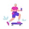 Fashion senior man rides a skateboard with a glass of drink. An elderly man having fun. Active Aging. Flat vector illustration
