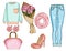 Fashion set of woman\'s clothes, accessories, and shoes . Casual outfits in blue denim and pink color