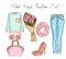 Fashion set of woman\'s clothes, accessories, and shoes . Casual outfits in blue denim and pink color