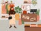 Fashion shop with female character vector flat cartoon illustration. Wardrobe store with clothes and accessories.