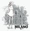 Fashion sketch. Girl on a Milano Duomo background