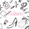 Fashion sketch set.Hand drawn graphic shoes, makeup brush, lipstick, powder, clutch, perfume