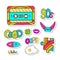 Fashion stickers elements with cassette and cute art. Bright vector clip art. Cartoon patches in 80s 90s comic trendy style.