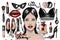 Fashion stickers girl model, crop top, lips, shoes, lipstick, sunglasses, brush and other. Makeup patches illustration.