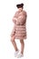 Fashion studio teen look style in pink fur coat and trendy shoes