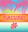 Fashion summer neon print with ocean sunset, pink Aloha Hawaii lettering, lily and coconut palm leaves