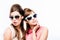 Fashion, sunglasses and retro with portrait of women in studio for elegant, pastel and beauty. Vintage, confident and