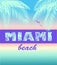 Fashion t shirt neon print with ocean sunset, Miami beach lettering, coconut mint color palm leaves and seagull