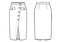 Fashion technical drawing of midi wrap skirt with buttons on front