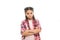 Fashion trend. Girl confidently crossed arms on chest. Child little girl colorful braids fashionable hairstyle isolated