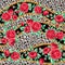Fashion trendy seamless pattern with rose flowers, gold chains and leopard skin on black background