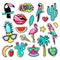 Fashion tropical patch badges with toucan, flamingo, parrot, exotic leaves, hearts, stars, lips, speech bubbles, pineapple.