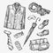 Fashion. Vector collection of men clothing. Hand-drawn sketch umbrella, tie, shoes, glasses, gloves, bag, scarf, jacket