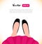 Fashion vector illustration of elegant girls legs. Woman in red dress and black shoes. View from above. View from the top.