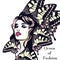 Fashion vector illustration, portrait of young butterfly woman