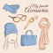 Fashion vector set. Illustration of a stylish trendy accessory with a girl. Gloves, sunglasses, wristwatch, hand bag