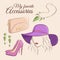 Fashion vector set. Illustration of a stylish trendy accessory with a girl. Wide-brimmed hat, clutch or purse, shoes