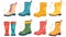 Fashion waterproof gumboots, rainwater protection footwear in trendy style. Foot wear for rainy weather. Flat modern