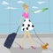 Fashion woman with dog and suitcase walking at airport