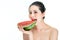 Fashion woman enjoy eating watermelon with red lips, yummy, bite