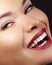 Fashion Woman Face With Perfect Smile. Female Model With Smooth Skin, Long Eyelashes, Red Lips, Healthy White Teeth