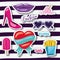 Fashion woman girls elements sticker on pop art striped purple background