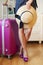 Fashion woman, going on trip vacation, suitcase and shoes