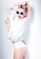 fashion woman model dressed in white wearing sunglasses posing glamorous