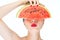 Fashion woman model holding watermelon with red lips, Nail Polish,