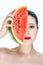 Fashion woman model holding watermelon red lips, Nail Polish, be