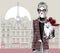 Fashion woman model with a little dog on Paris background