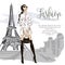 Fashion woman near Eiffel tower in Paris, fashion banner with text template, online shopping social media ads with beautiful girl.