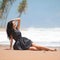 Fashion woman relaxing on the beach. Happy lifestyle. Sand, blue cloudy sky and ocean waves. Vacation at Paradise.