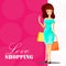 Fashion woman with shopping bag. Love shopping template, Fashion girl cartoon character