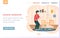 Fashion workshop landing page template with man children's textile worker standing near crib