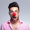 Fashion young man with red nose is shocked