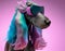 Fashionable Afghan hound dog wearing VR headset in fairy kei style