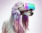 Fashionable Afghan hound dog wearing VR headset in fairy kei style