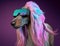 Fashionable Afghan hound dog wearing VR headset in fairy kei style